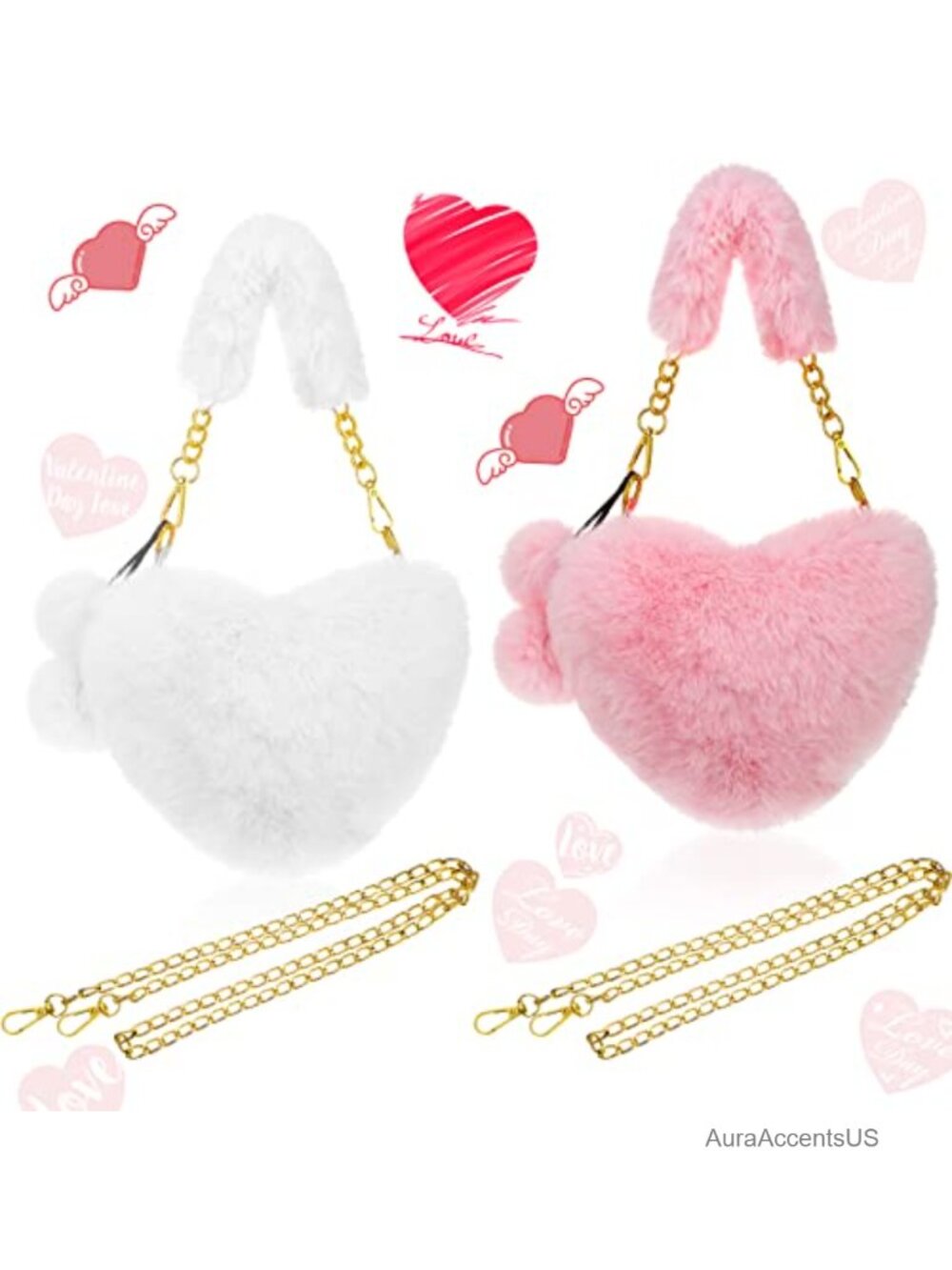 Heart Shaped Faux Fur Purse Set Crossbody Shoulder Bag Fluffy Clutch